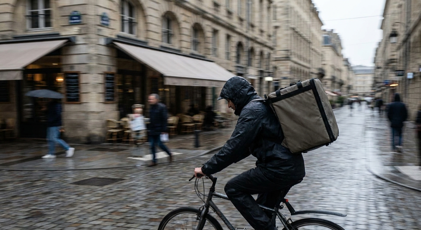 Livreur a velo dans une rue de ville europeenne