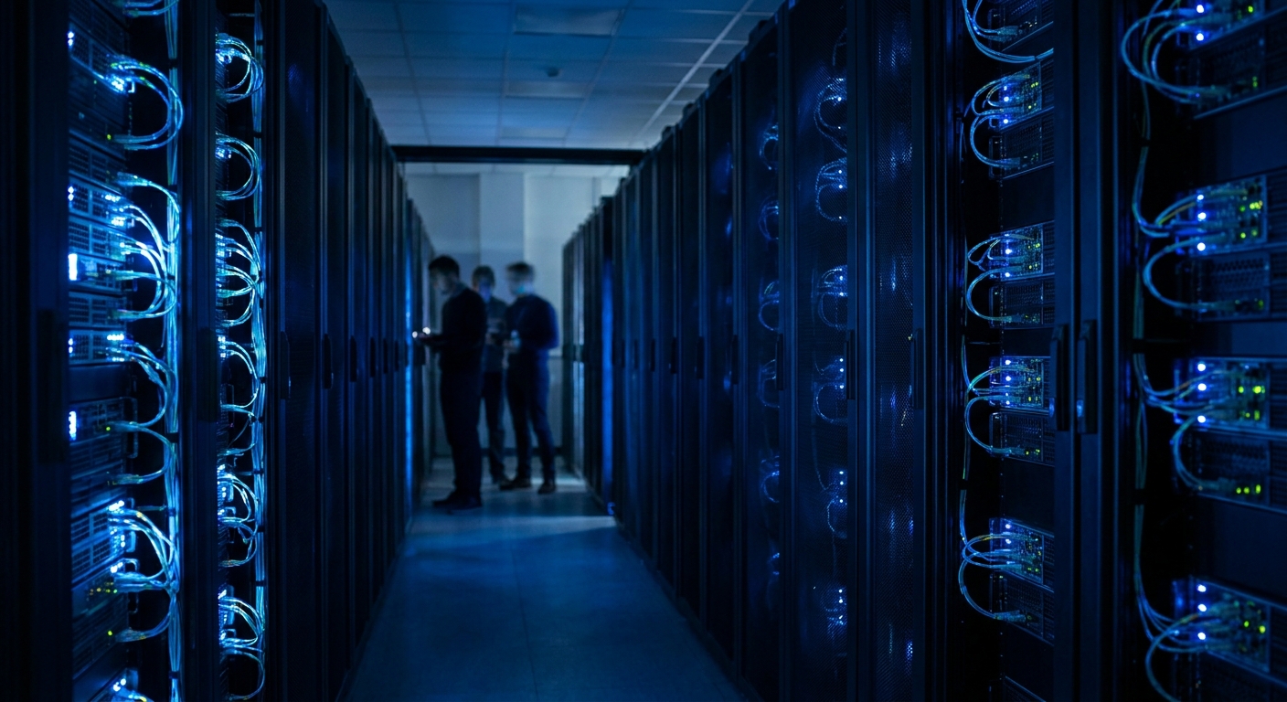 Serveurs informatiques illumines en bleu dans un datacenter