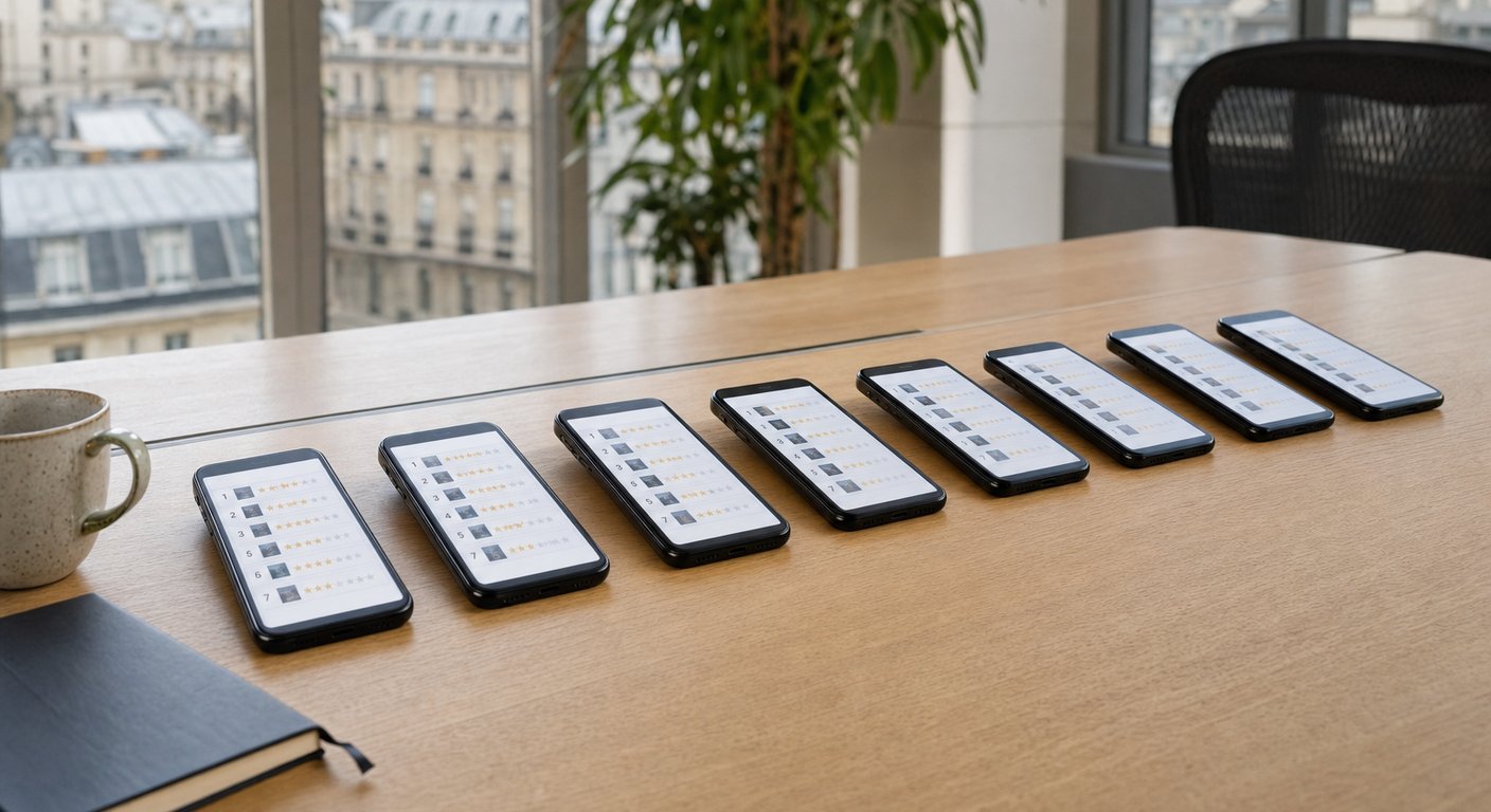 Image AI: Rangee de smartphones identiques affichant la meme liste classee sur une table de bureau
