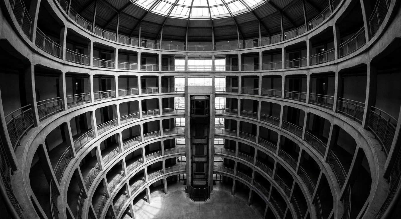 Architecture circulaire evocatrice du panoptique, vue depuis l'interieur