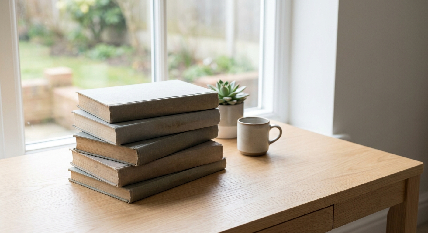 Livres de philosophie empiles sur un bureau en bois clair