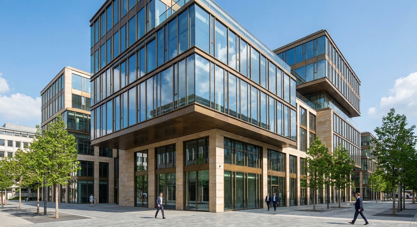 Immeuble de bureaux refletant le ciel bleu, architecture corporative contemporaine