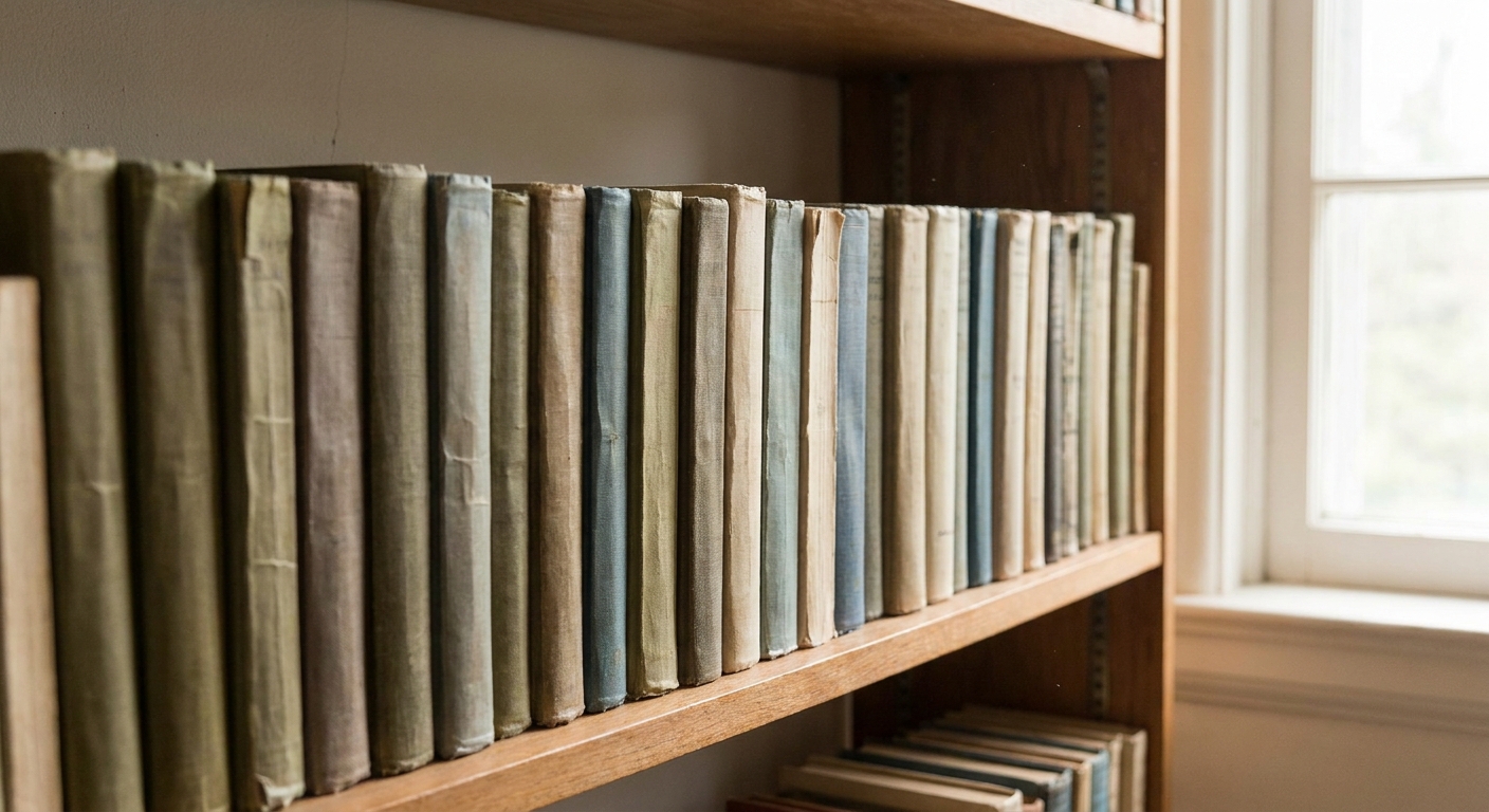 Rangee de livres de poche sur une etagere de bibliotheque eclairee par une fenetre