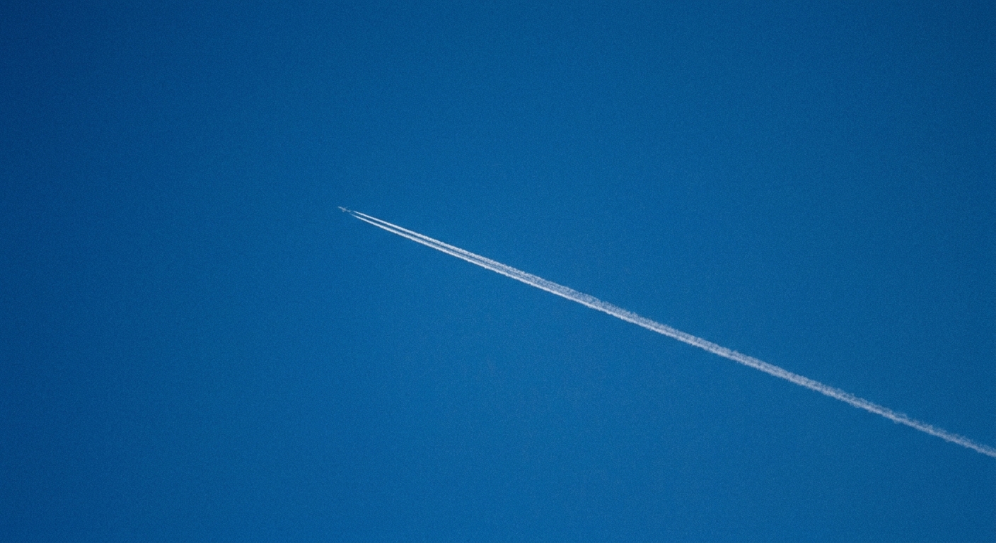 Ciel bleu avec trainee blanche d'un avion, evoquant la surveillance aerienne