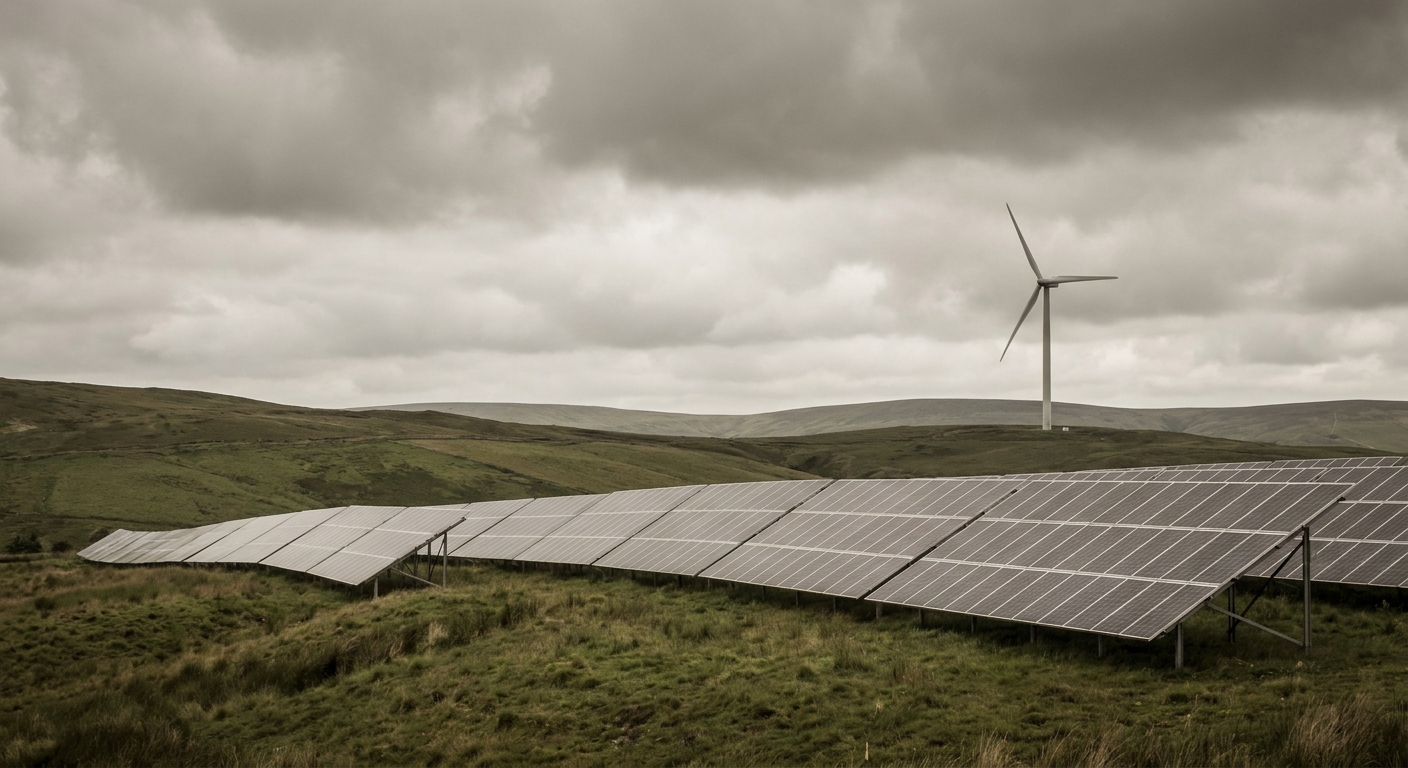 Rangee de panneaux solaires dans un paysage europeen avec ciel nuageux